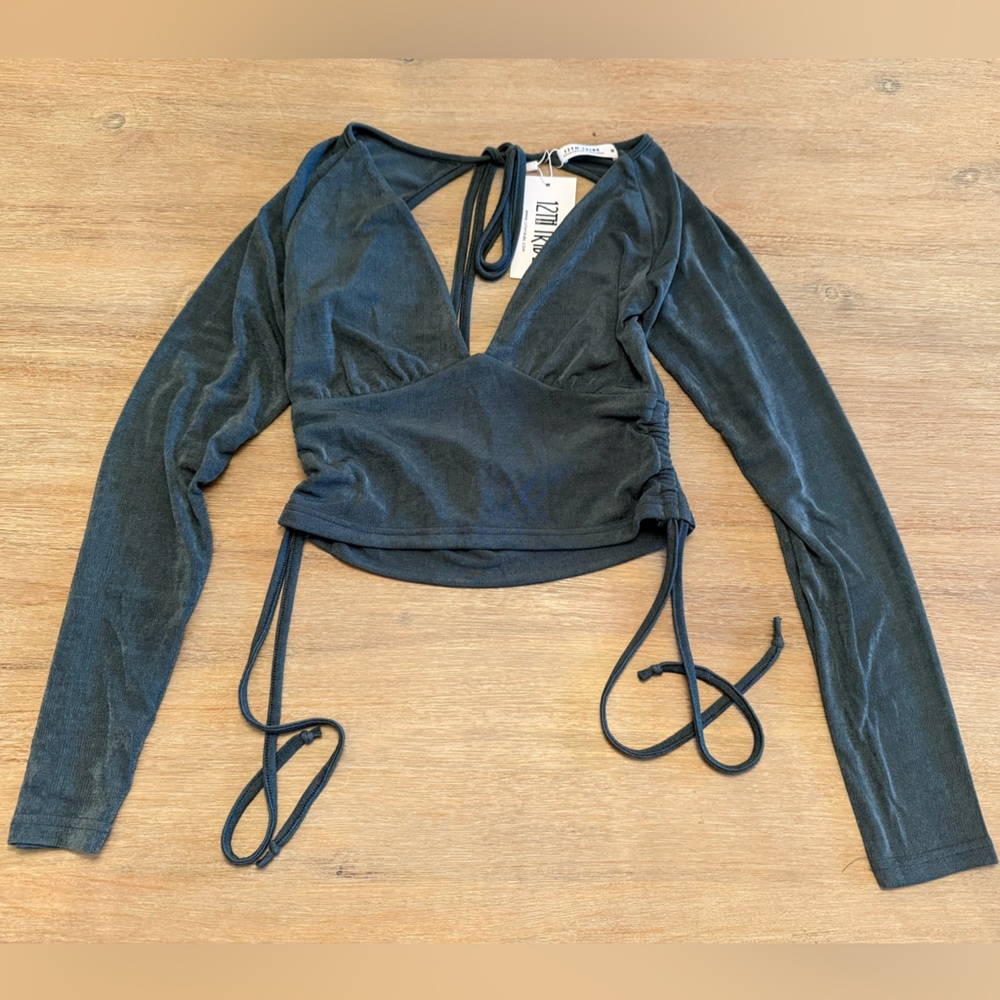12th Tribe Black Long Sleeve Wrap Crop Top